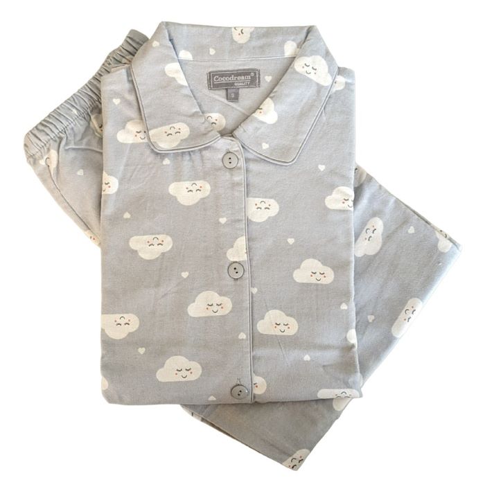 Pyjama-lange-mouwen-dames-wolkjes-knopen-flanel-Cocodream-641512-parelgrijs